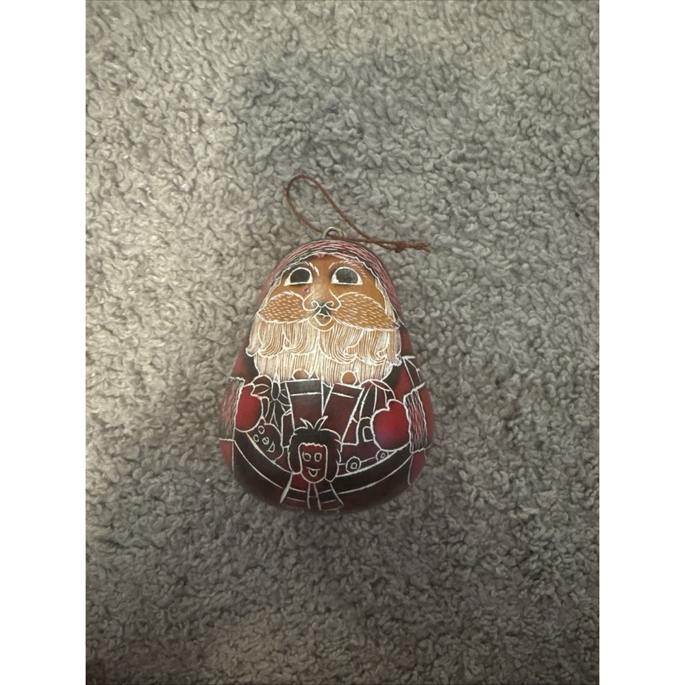 Santa Clause Folk Art Gourd Red Christmas Ornament Handmade Painted Peruvian Vtg